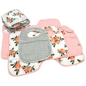 Little Unicorn Watercolor Roses Cotton Muslin Gift Set Swaddle Bibs Burp Cloth